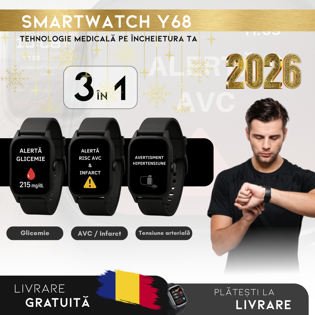 PROMOȚIE DE AN NOU: Smartwatch Y68 – Monitor Medical 3 în 1 (Glicemie, Tensiune, Risc AVC) | Meniu în română