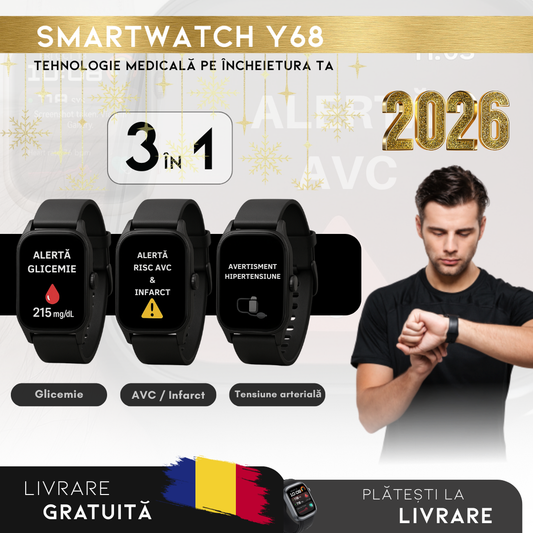 PROMOȚIE DE AN NOU: Smartwatch Y68 – Monitor Medical 3 în 1 (Glicemie, Tensiune, Risc AVC) | Meniu în română